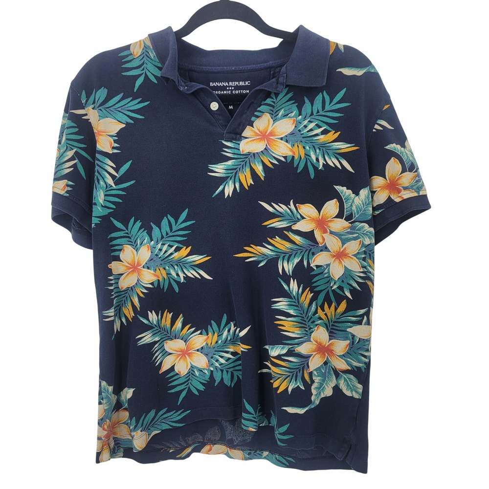 Vtg Banana Republic Organic Cotton Hawaiian Pique Polo Shirt Navy Floral Sz M